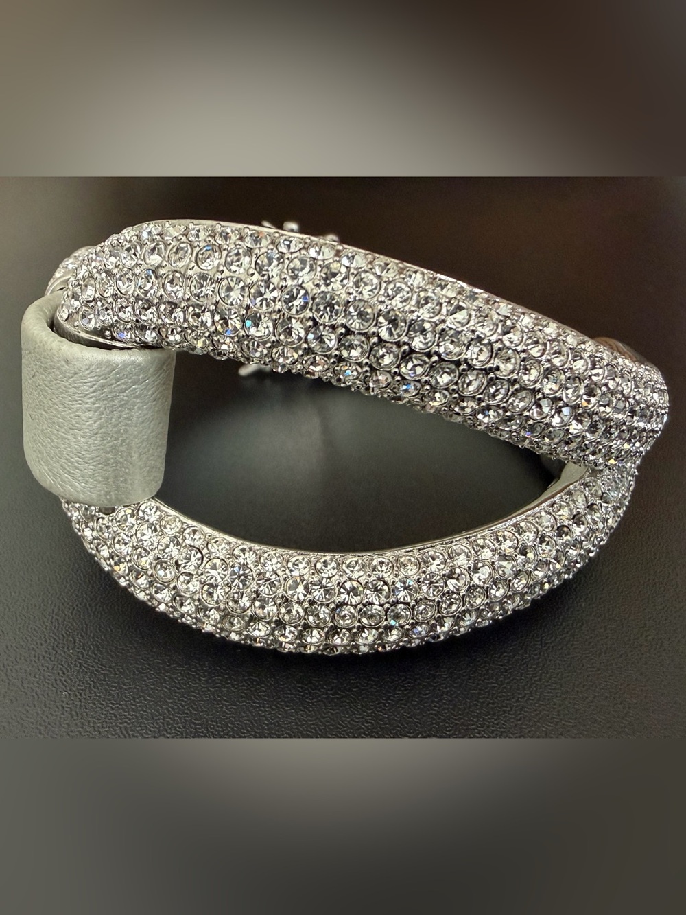 JOAN BOYCE ”EDGY DIVA” PAVE CRYSTAL SILVER GRAY LEATHER BRACELET